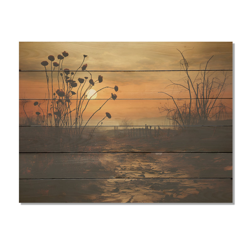 Mums Field With Sunset - Mums Wood Art sur bois de pin naturel, H 30 po x l 40 po