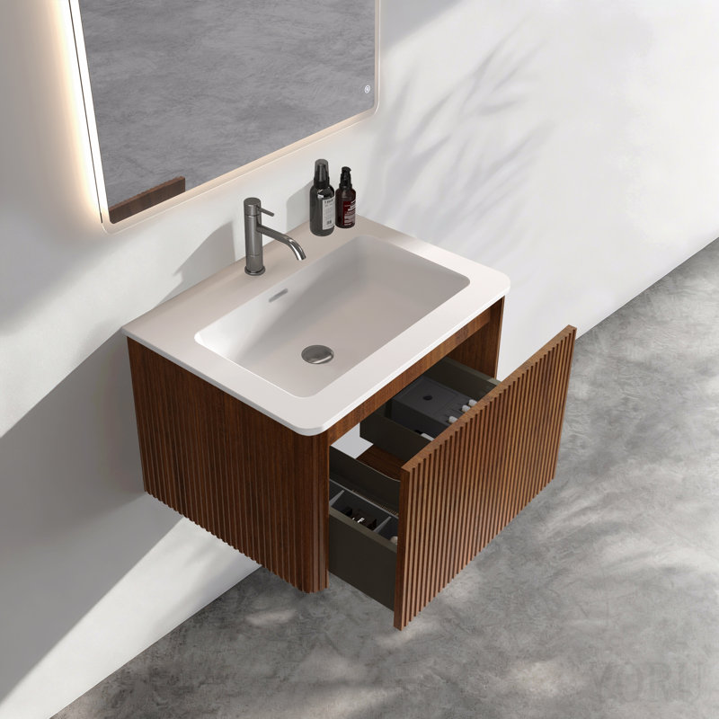 Meuble-lavabo 24 po en noyer rayé avec lavabo à surface solide blanc, meuble-lavabo mural flottant pour salle de bain moderne, pré-assemblé