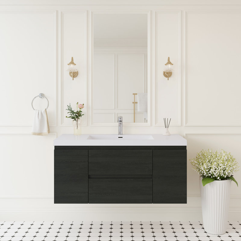 Meuble-lavabo 48 po avec lavabo mural, tiroirs à fermeture en douceur, bois, comptoir en résine, installation rapide