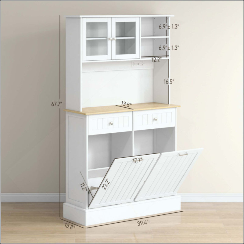 Armoire de cuisine avec station de charge, 2 armoires à ordures inclinables et support pour micro-ondes, huche de cuisine autoportante avec portes en verre et tablette réglable