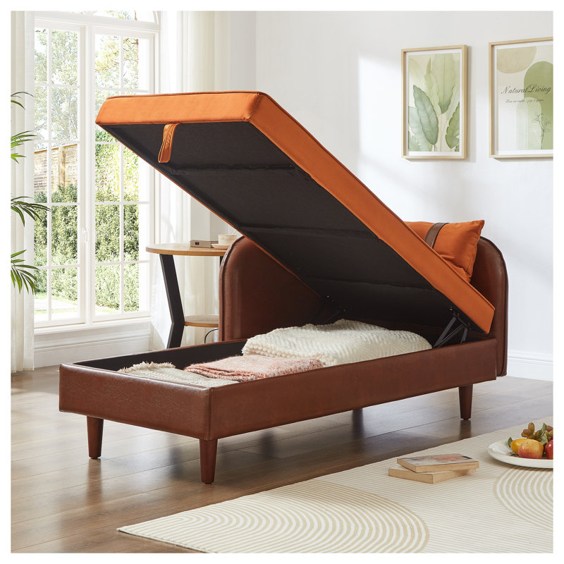 65" Velvet Storage Chaise Lounge with Solid Wood Frame, Brown PU and Orange Velvet Upholstery
