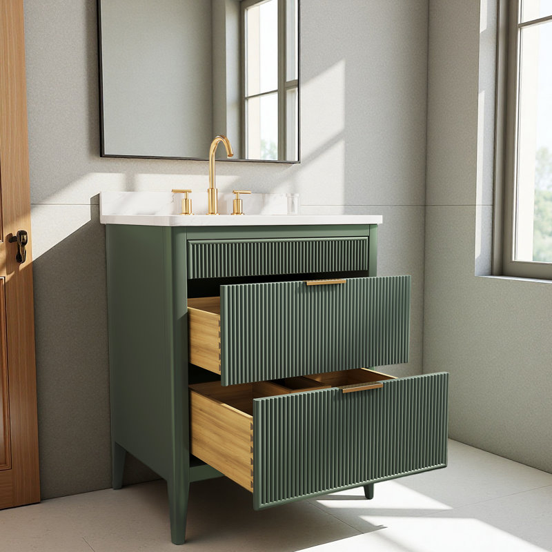 Ensemble de meuble-lavabo autoportant 30 po avec 2 ensembles de poignées et plateau en marbre d'ingénierie entièrement assemblé