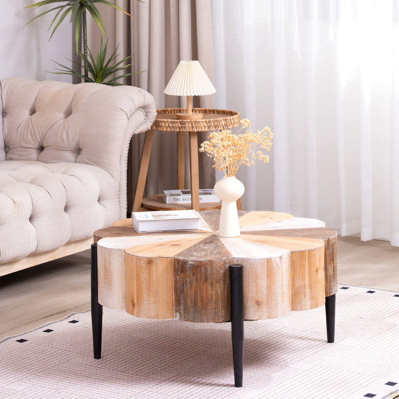 Table basse rustique en bois manufacturé en forme de fleur avec pieds en métal, centre de table vieilli de 31,7 po de diamètre