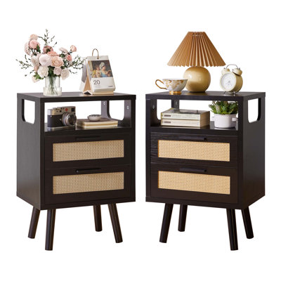 Set of 2 Modern Storage Bedside Tables with 2 Drawers, Golden Metal Handles, and Rattan Design for Bedroom