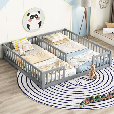 Double Twin Floor Bed With Guardrails, Grey - & Relaxing In Convenient Design