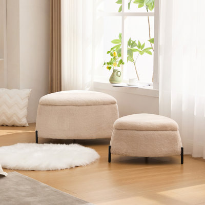 29.9"Wide,2 Piece, Upholstered Storage Ottoman Set Footrest Shoe Changing Stool With Metal Legs,Faux Fur Foot Stool Coffee Side Table With Reversible Lid For Living Room Bedroom Entryway