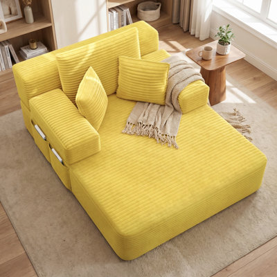 Plush Corduroy Chaise Lounge with 3 Pillows, Convertible Sofa Bed with Storage Pocket, Compression Foam Sleeper Sofa for Living Room, Apartment