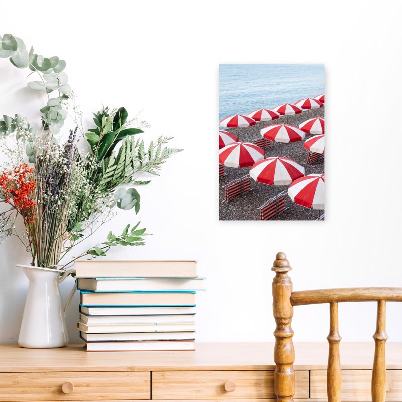 Art mural contemporain plage rayée rouge, H 18 po x l 12 po