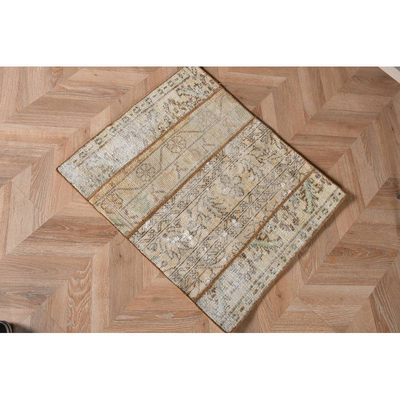 Vintage Turkish Patchwork Rug Handmade From Antique Wool Ideal For Entryway Or As Luxury Door Mat In Beige