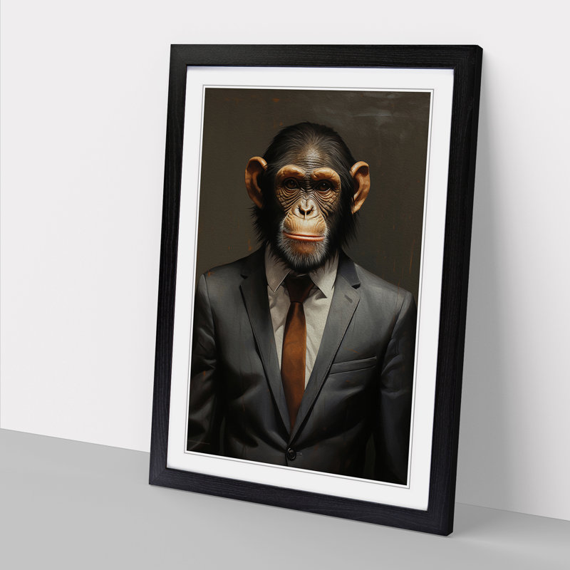 Monkey In A Suit Painting No.3 - Single Picture Frame Print on Wood, 46" H x 34" W x 2" D, Black