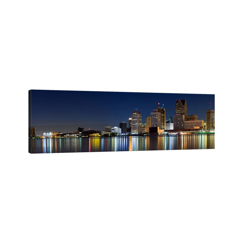 Buildings In A City Lit Up At Dusk, Detroit River, Detroit, Michigan, USA - Wrapped Canvas Panoramic Print