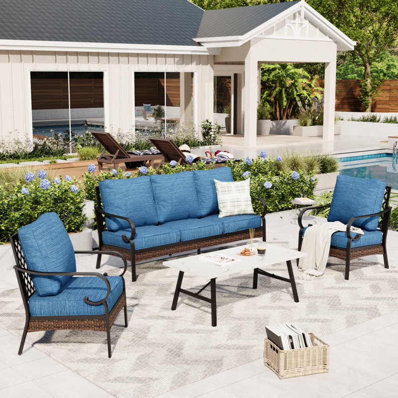 4 Piece Sofa Seating Group With Cushions, Peacock Blue