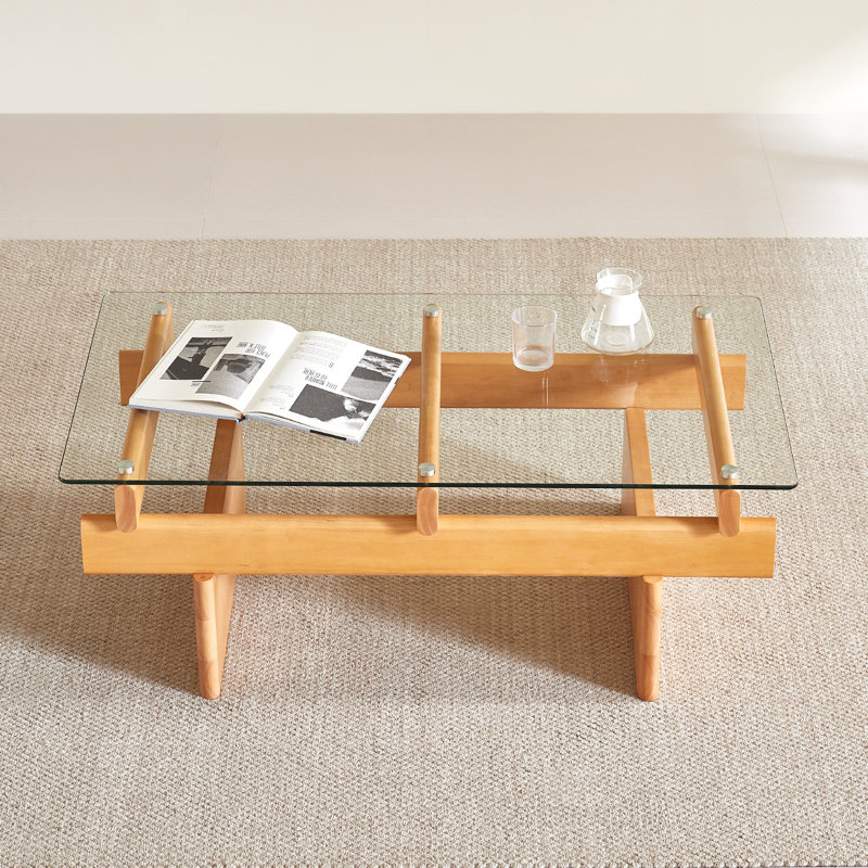 Glass Coffee Table for Living Room,100% Solid Wood Coffee Table with Rectangular Tempered Glass Top,Mid Century Modern Coffee Table,Wood