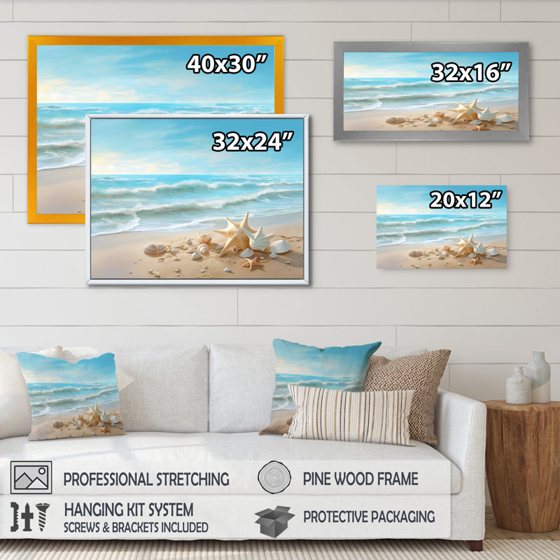 Coquillages au bord de la mer - plage moderne, art mural, H 12 po x l 20 po x P 1 po, Cadre flottant doré