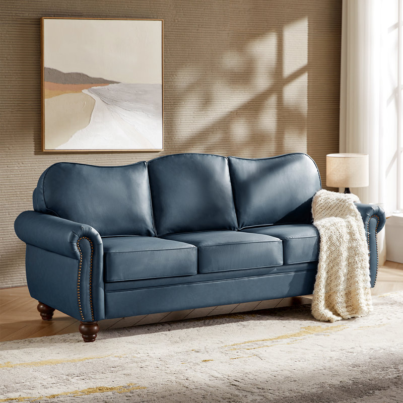 Dielle Transitional 81" Wide Leather Sofa with Solid Wood Legs, Navy