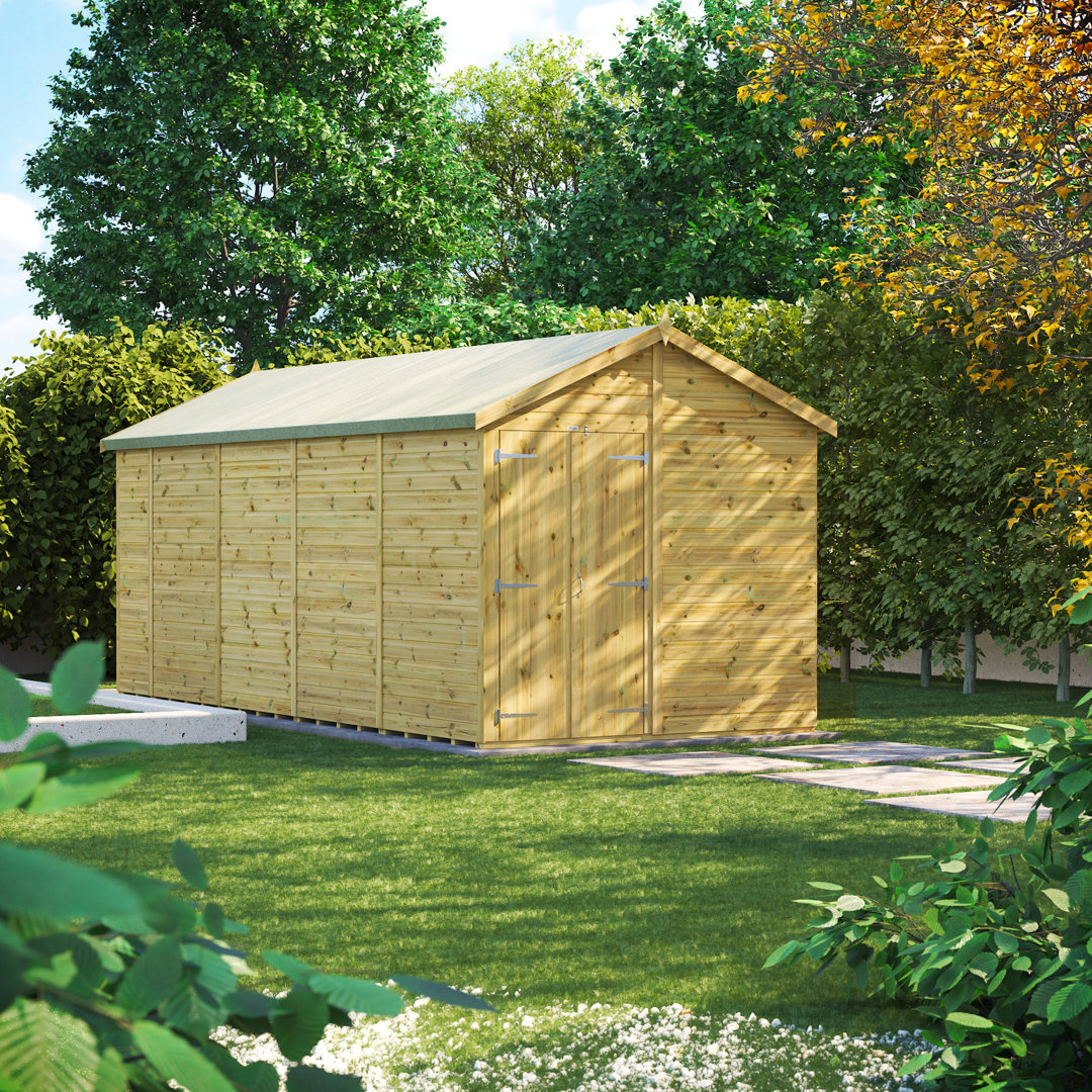 Powersheds 18 x 8ft Premium Pressure Treated Timber Windowless Apex Garden Shed, Double Doors