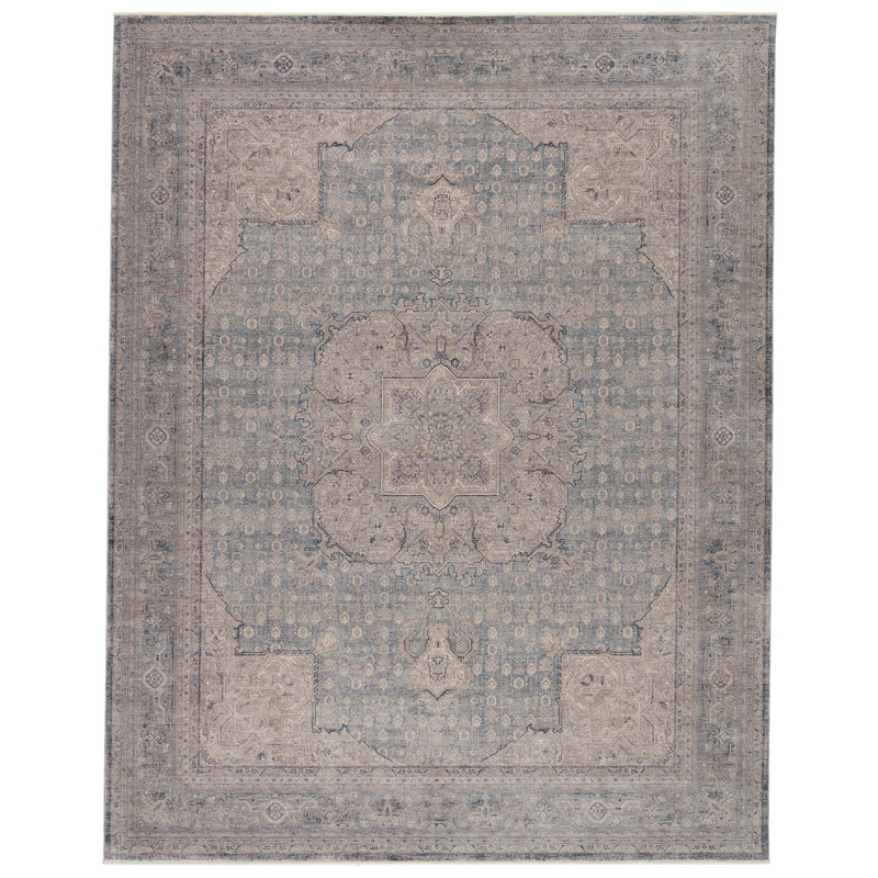 Bleu oriental/Tapis décoratif gris zopyros, Rectangulaire 6 pi 3 po x 9 pi 6 po