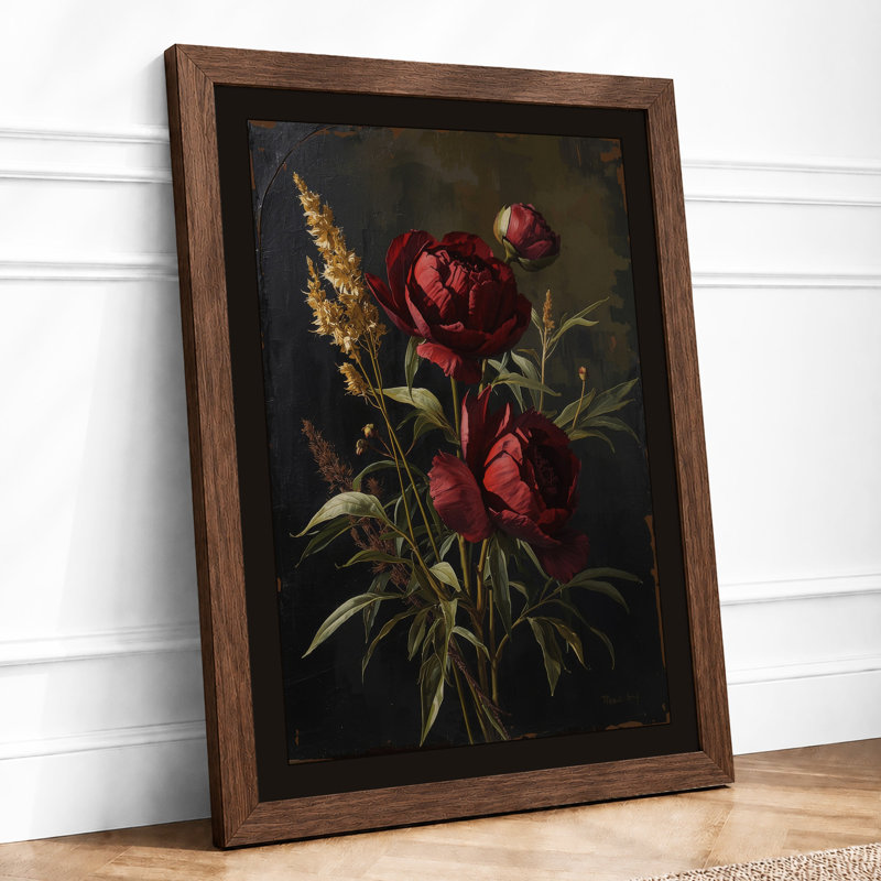 Crimson Roses and Gold Botanical - Framed Print, A2 - 59.4 x 42.0 cm, Walnut