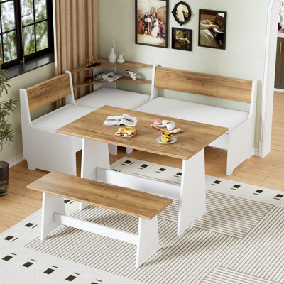 5-person Upholstered Corner Breakfast Nook Set With Hidden Storage, Farmhouse Wood Dining Table & L-shape Cushioned Benches For Kitchen, Space-saving Furniture