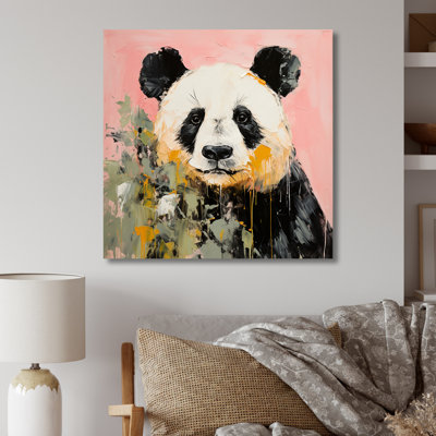 Panda blanc et rose en fleurs II - art mural animal panda en métal
