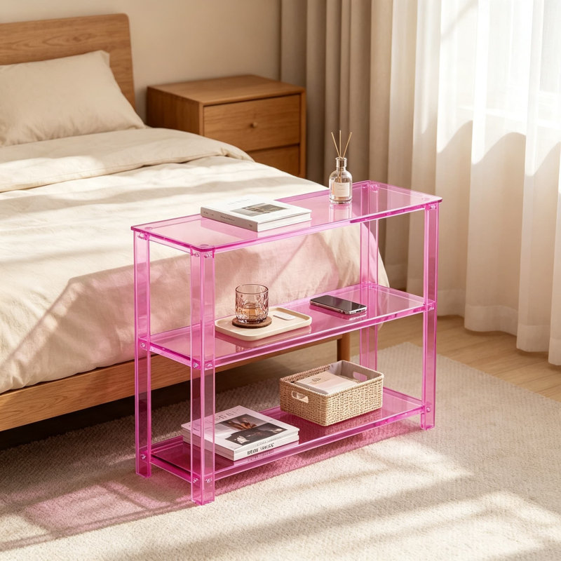 Console en acrylique avec étagères de rangement, table d'entrée moderne pour couloir, salon et bureau, table basse transparente en Lucite avec étagères à trois niveaux