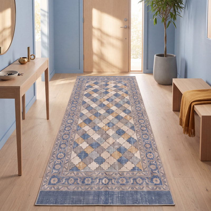 Tapis Eddy moderne à motifs mosaïques abstraites, bleu, gris, or, crème, ivoire, lavable à la machine, antidérapant, à poils courts, pour l'intérieur et l'extérieur, adapté aux animaux domestiques, idéal pour le salon, la chambre, la salle à manger, l'entrée, le couloir ou le bureau.
