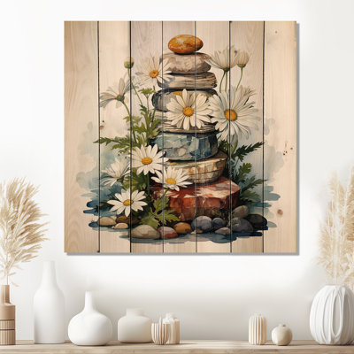 Daisy Flower On Calm Stone I - Daisy On Wood Print