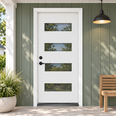 36"x 80" Fiberglass Front Entry Door, Right-Hand Inswing, 4-Lite Low-E Privacy Glass, 4-9/16" Vinyl Frame With Brickmould