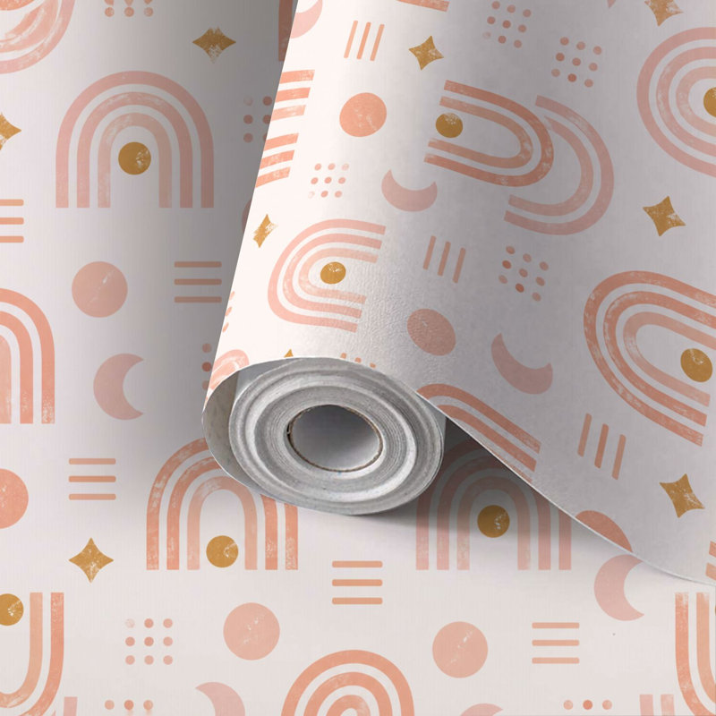 Papier peint auto-adhésif Peel and Stick Peach Coral Boho à motif géométrique abstrait sans soudure avec des étoiles, des lunes, des étoiles, des pois, auto-adhésif et amovible