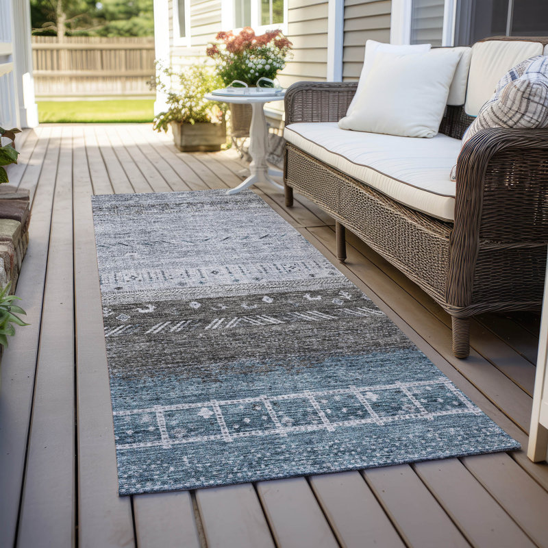 Hilda Blue Washable Indoor-Outdoor Rug - , 2'3" x 7'6"