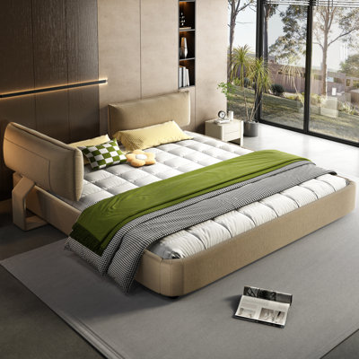 King Size Cloud Bed, Oversized Padded Movable Headboard, Chenille Upholstered, Metal And Pine Wood Slat Support, No Box Spring, Camel, Family - Suitable Design Bed With Upholstery, Round Corner,