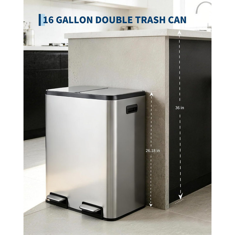 Poubelle à pédale à double compartiment de 60 L, en acier inoxydable