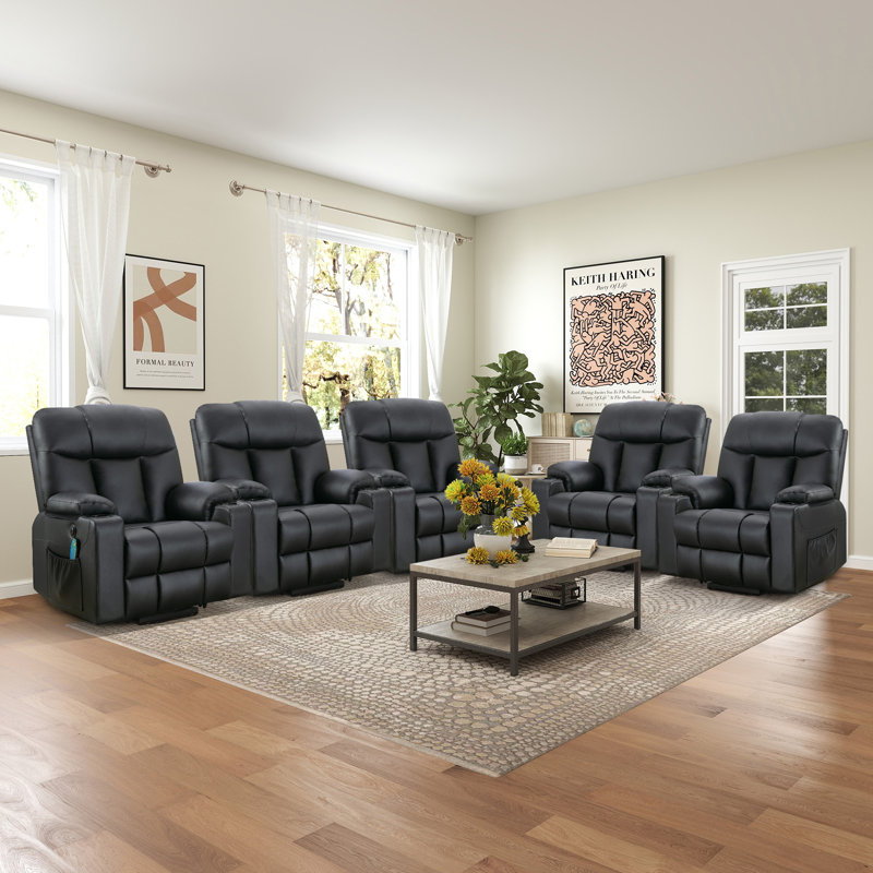 Fauteuil inclinable massant et chauffant en cuir surdimensionné de 37,8 po avec USB et 2 porte-gobelets Bucholz (ensemble de 5)