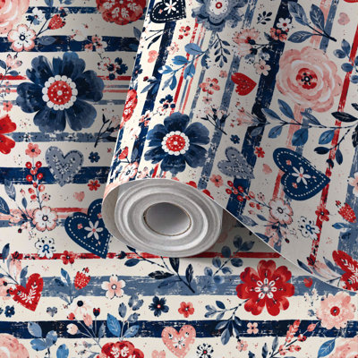 Papier peint auto-adhésif à motif de cœurs patriotiques à motif floral rouge, blanc et bleu rayé, auto-adhésif et amovible 17,7 po x 118 po (45 x 300 cm)