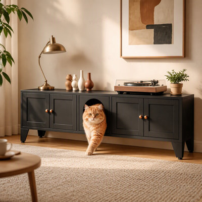 Metal Cat Litter Box Enclosure, Hidden Litter Box Furniture for 2 Cats, Large Indoor Cat House TV Stand Cabinet with Ventilation & 2 Compartments, Black Modern Pet Washroom with Adjustable Legs