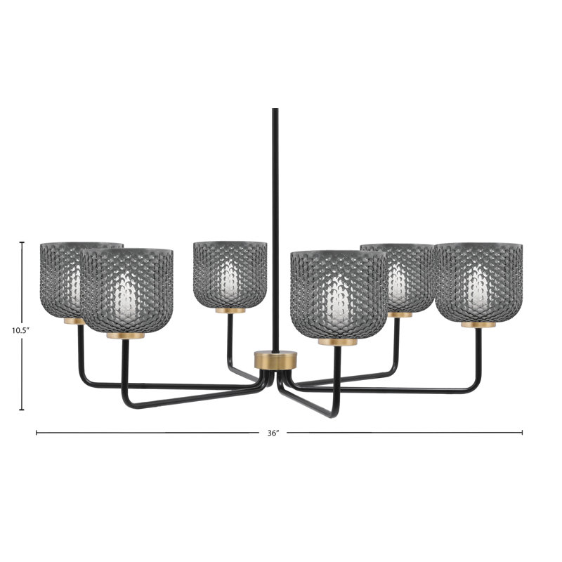 Lustre 6 lumières Amarmula, noir mat et laiton vieilli, verre texturé fumé 6 po, Transparent/noir, Noir/laiton