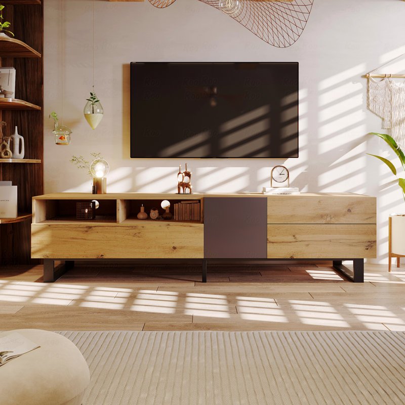 Console multimédia moderne avec porte rabattable - Meuble télé avec rangement double 80 po, Marron foncé