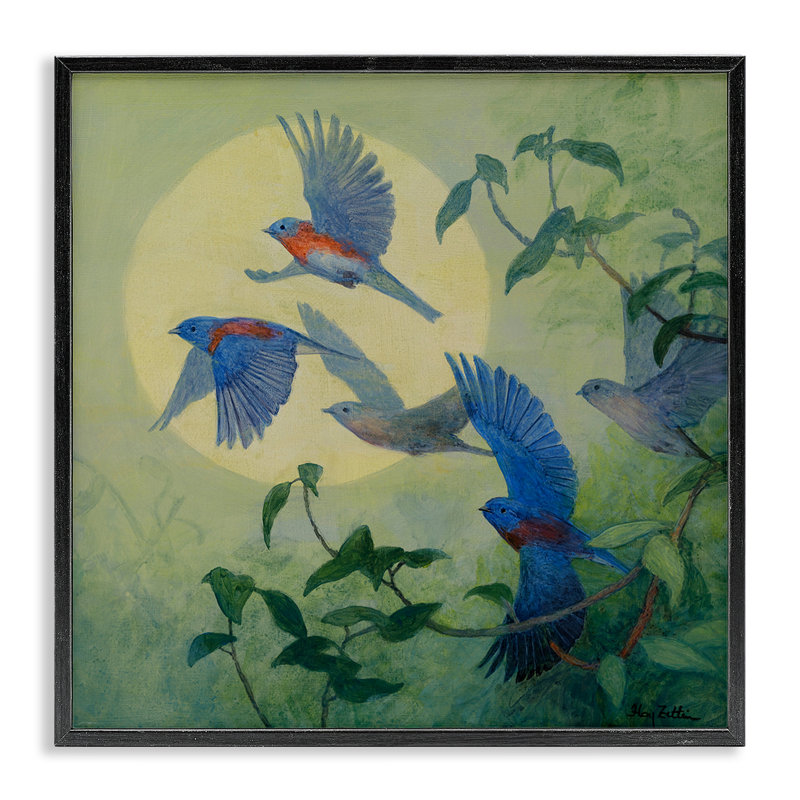 Bluebird Flock over Moon, art de la giclée encadrée par Floy Zittin, H 17 po x l 17 po, Giclée encadrée noir minuit