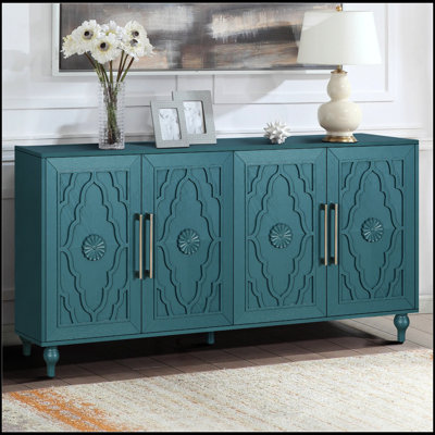 63'' Large Storage Cabinet with Metal Handle, Carved Flower Doors, Wooden Mordern Sideboard Console with Adjustable Shelves for Living Room, Kitchen, Entryway(Navy Blue)