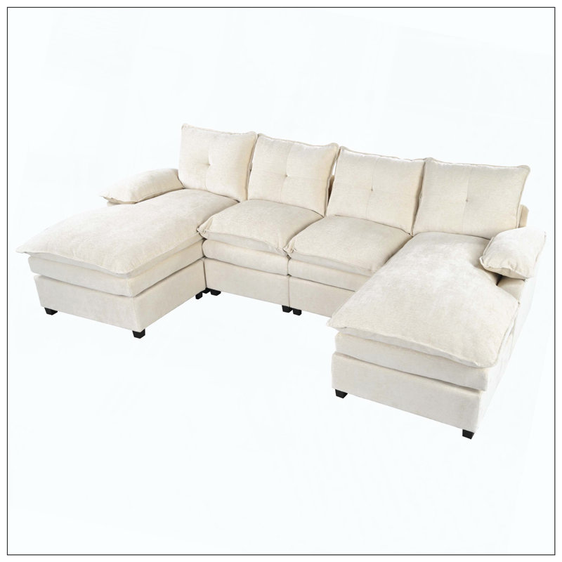 U-Shaped Chenille Sectional Sofa Adjustable Armrest Pillows, Beige