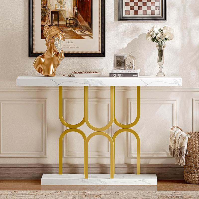 Table d'entrée 47,2 pouces avec plateau en marbre, console moderne, table d'appoint, pour entrée, couloir, entrée, vestibule, base en métal en U, marbre blanc et or