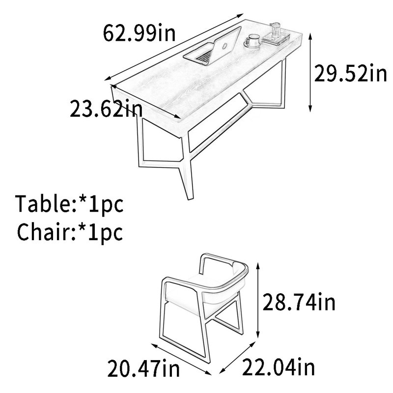 Bureau à structure en bois de frêne avec armoire en bois massif, H 29,52 po x l 62,99 po x P 23,62 po