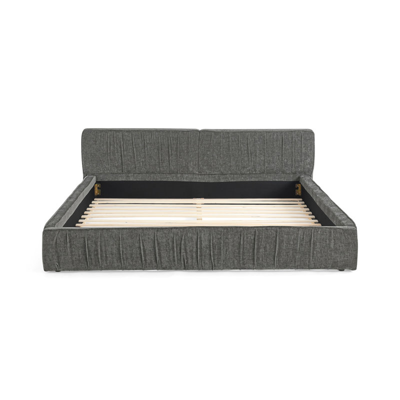 Grand cadre de lit tapissier grand avec tissu en chenille avec conception plissée, grand lit plateforme avec tête de lit et cadre. Aucun sommier tapissier requis - gris
