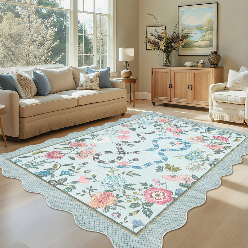 Farmhouse Floral Rug Washable Rug Non Slip Modern Scalloped Carpet, Soft Non Shedding Indoor Carpet, Low Pile Thin Foldable Printed Mat