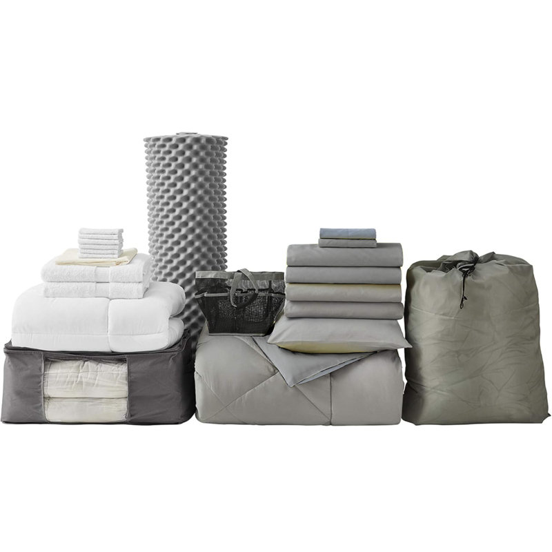 DormCo  14 Piece Ultimate College Freshman Dorm Bedding Bundle, Alloy Gray/Limelight Yellow