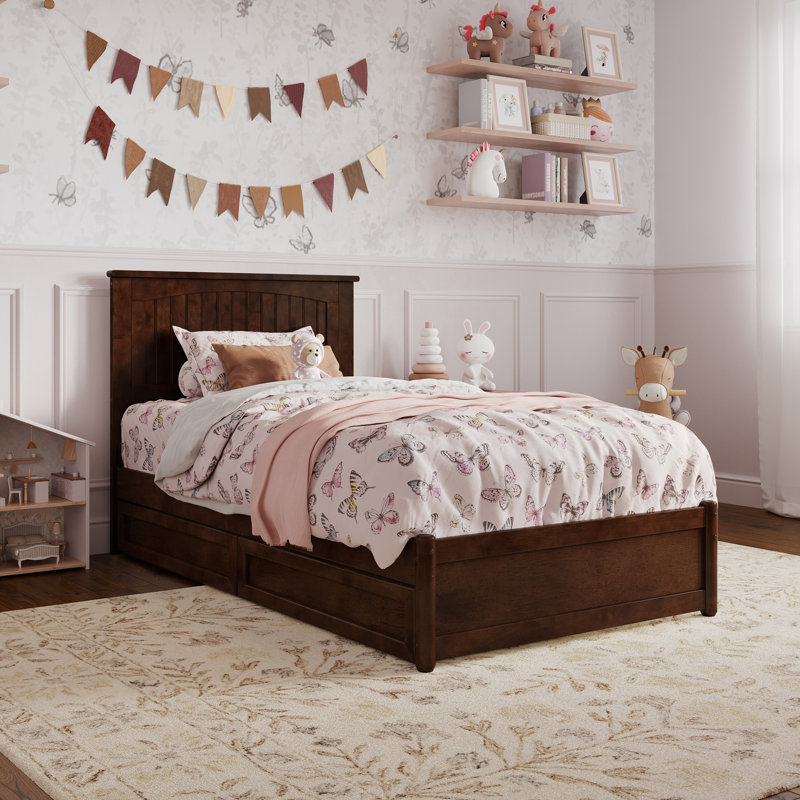 Lamaiyah Solid Wood Platform Bed with Footboard and Storage Drawers, Twin, Walnut