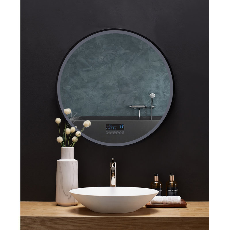Round Black LED Bathroom Vanity Mirror with Bluetooth and Digital Display