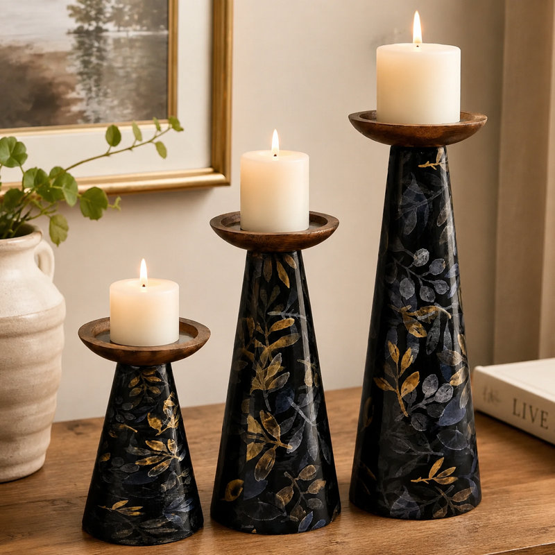 Moody Floral Mango Wood Pillar Candleholders Black Set of 3