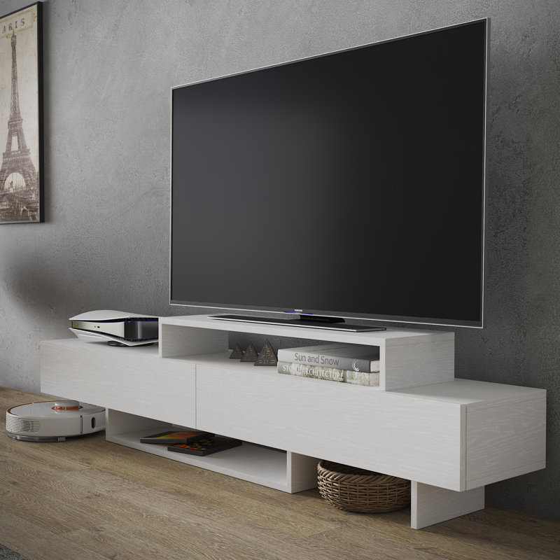 Dessein Modern Minimalist TV Stand for Up to 65" TVs  Low-Profile Media Console with Storage, White Wood Finish, White