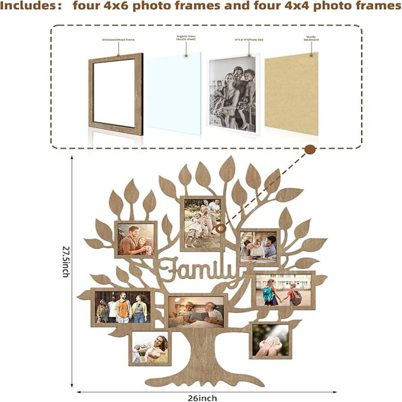 Natural Rustic Family Tree Picture Frame Collage Wall Decor, 26 x 27 Inch